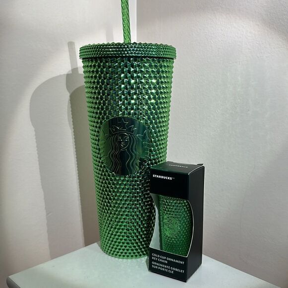 Starbucks 24oz Reusable Green Studded Tumbler and Key Chain Ornament - Picture 3 of 7